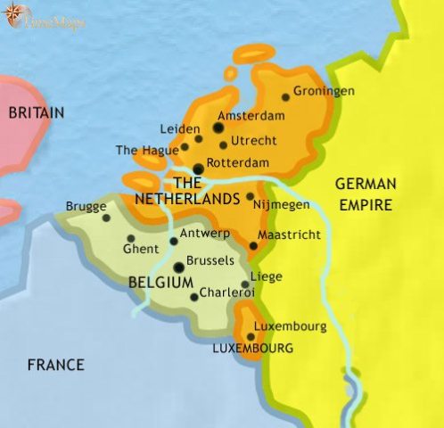 Map of Low Countries in 1837 CE, when both the Netherlands and Belgium are amongst the most industrialized countries in Europe. Luxembourg is now independent.