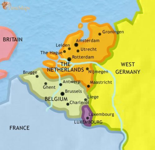 Map of Low Countries in 1960 CE, after Belgium, Netherlands and Luxembourg experienced invasion and occupation during WW2, they have formed the Benelux group.