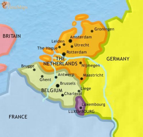 Map of Low Countries in 2005 CE, Belgium, Holland and Luxembourg are amongst the most prosperous countries in the world. Belgium’s capital is home to the European Union HQ.
