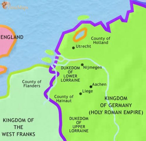 Map of Low Countries in 979 CE, the area is divided into semi-independent counties. The Holy Roman emperor has appointed dukes and counts to uphold authority in the area.