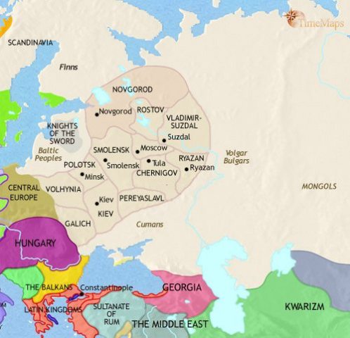 Map of Russia in 1215 CE, after the Russian state has fragmented into competing principalities and Novgorod is a flourishing independent republic.