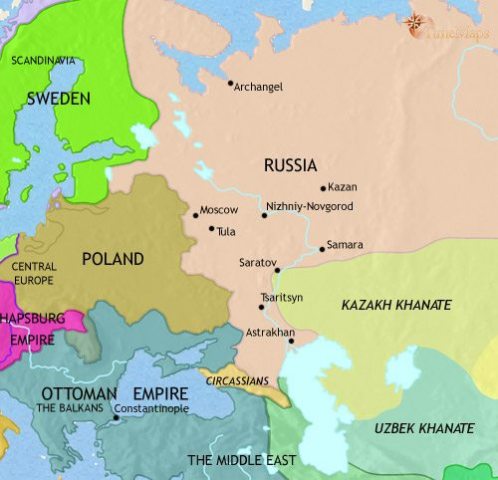 Map of Russia in 1648 CE, free from the Golden Horde the Russians have annexed Novgorod and expanded into Siberia. After great instability the Romanovs now rule as Tsar.