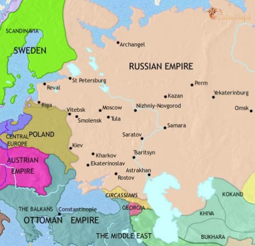 Map of Russia in 1789 CE, Peter the Great and Catherine the Great have modernized Russia. It is now a European power, having gained territory from Poland and the Ottoman Empire.