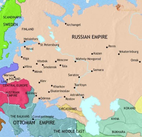 Map of Russia in 1837 CE, after playing a key role in defeating Napoleon, Russia emerges as one of the great powers of Europe. It has annexed Georgia.