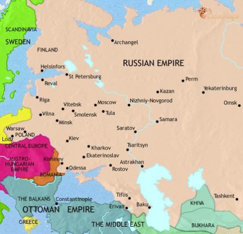 Map of Russia in 1871 CE, when its boarders have expanded into Turkish territory and the Caucuses. The annexation of Turkestan has begun. Revolutionary ideas are spreading.