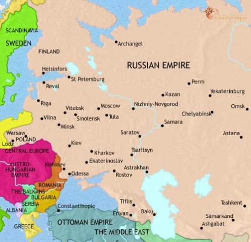 Map of Russia in 1914 CE, on the eve of the WW1, after Russian expansionism in the Far East has led to defeat in the Russo-Japanese war and further revolutionary unrest.