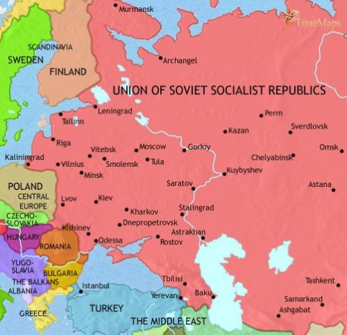 Map of Russia in 1960 CE, during the Cold War, after World War I, the Russian Revolution, Stalin and World War II, Soviet (USSR) armies now occupy most of Eastern Europe.