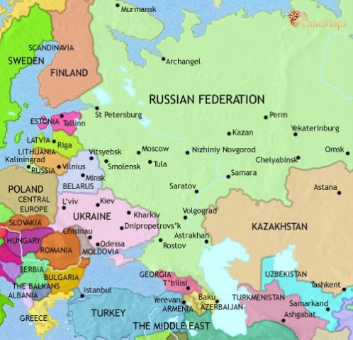 Map of Russia in 2005 CE, after the Soviet Union has been replaced by a group of newly independent countries. The Russian Federation remains a huge country.