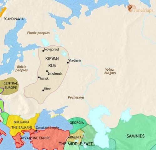 Map of Russia in 979 CE, after the huge new state of Rus has been formed by the descendants of Viking traders with Kieve as its capital.