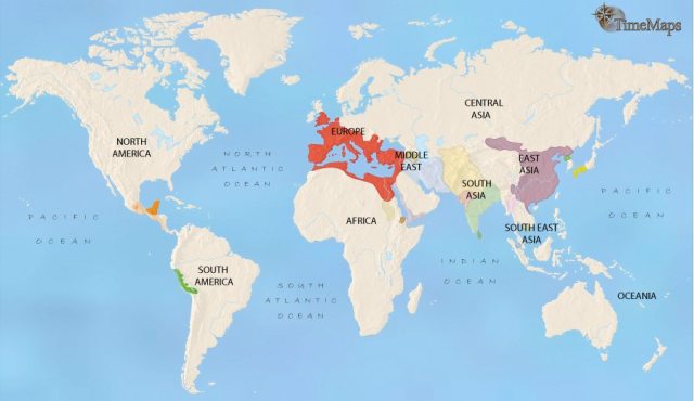 Map showing world history at the height of the Roman Empire