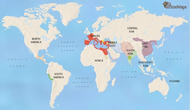 Map showing world history at the start of the Roman Empire