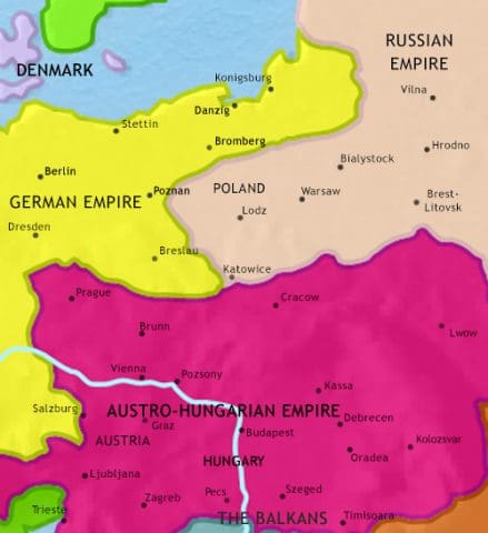 Map of East Central Europe in 1871 CE, when control of Central Europe is divided between the Russian, Austro-Hungarian and German empires.