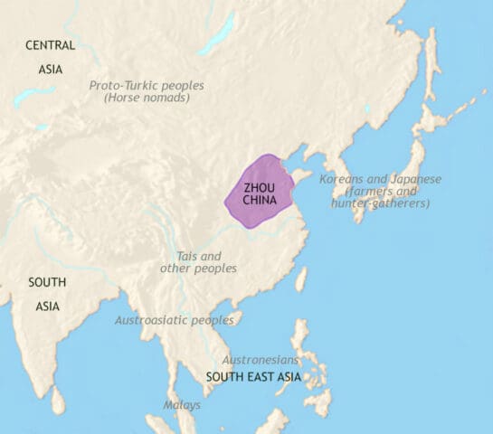Map of East Asia in 1000 BCE, Chinese civilization expands under the Zhou dynasty. In Japan, the Jomon people begin farming.