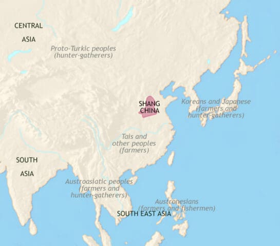 Map of East Asia in 1500 BCE, showing the first urban civilization in East Asia, - the Shang dynasty in China and trade networks grow.