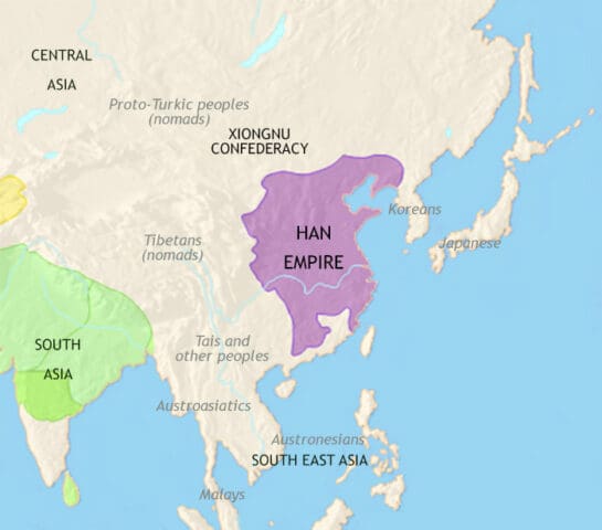 Map of East Asia in 200 BCE, after a turbulent period the Han dynasty has united China. Xiongnu unites the tribes of the central eastern steppes. Powerful chiefdoms appear in Korea.