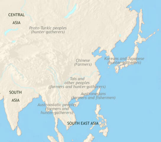 Map of East Asia in 3500 BCE, showing farming has established in China’s Yellow and Yangze river valleys and spreading to neighbouring lands.