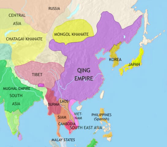 Map of East Asia in 1648 CE, the Qing dynasty rules China. Destructive wars between Korea and Japan have left Korea as a vassal state of China and feudal Japan self-isolated.