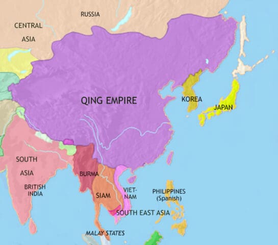 Map of East Asia in 1837 CE, where the Qing dynasty is still flourishing. Westerners, however, are an increasingly troubling presence in the region.