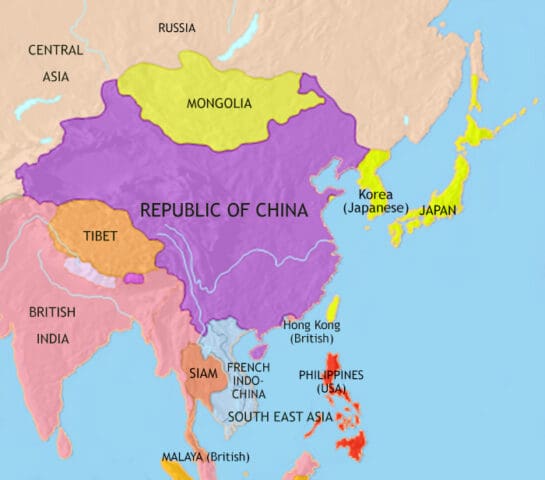 Map of East Asia in 1914 CE, when Japan has successfully modernized, and has gained international status at the expense of China (now a republic) and Korea.