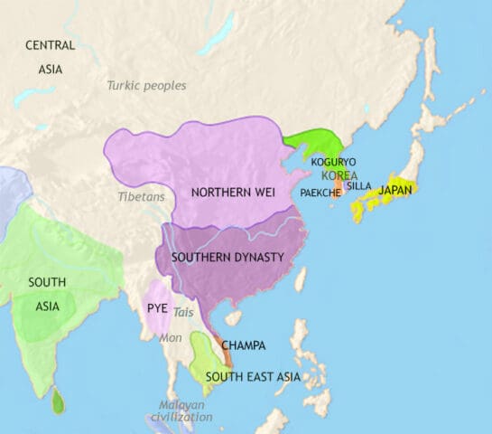 Map of East Asia in 500 CE, China is weak and divided from barbarian invasion and internal warfare, but its influence continues to spread. Buddhism is now a major influence.