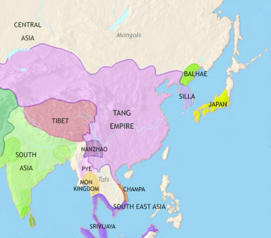 Map of East Asia in 750 CE, a powerful China is united under the great Tang dynasty and exerts a huge influence on Japan, Korea and deep into central Asia.