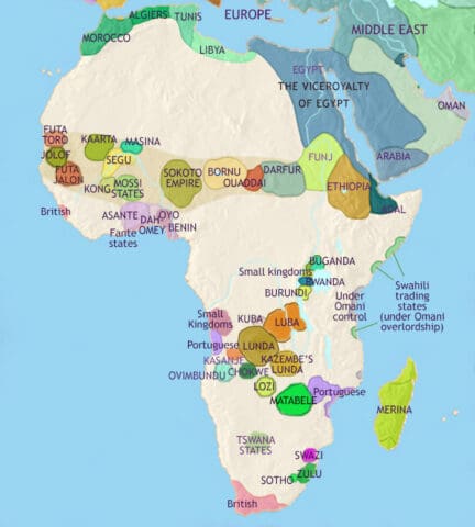 Map of Africa in 1837, after the ban on the slave trade and the Great Trek in South Africa.