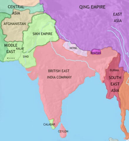 Map of India and South Asia in 1837, showing the British East India Company has conquered most of India. In the Panjab, Sikh states have formed into a unified empire.