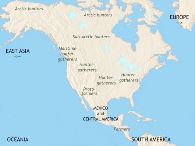 Map of North America in 1500 BCE, Maise farming spreads to eastern USA. In Mexico distinct farming cultures exist some use new techniques for intensive growing of crops.