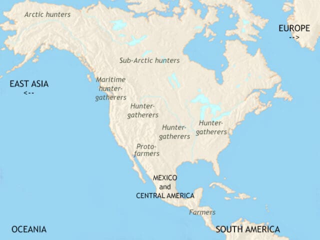 Map of North America in 2500 BCE, Maize farming spreads but hunter-gatherers prevail. On the Pacific coast permanent villages exist. Far north, Arctic hunters arrive from Siberia.