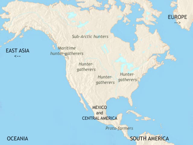 Map of North America in 3500 BCE, Hunter-gatherer cultures cover most of North America. Farming is found only In Mexico, where maize is domesticated.