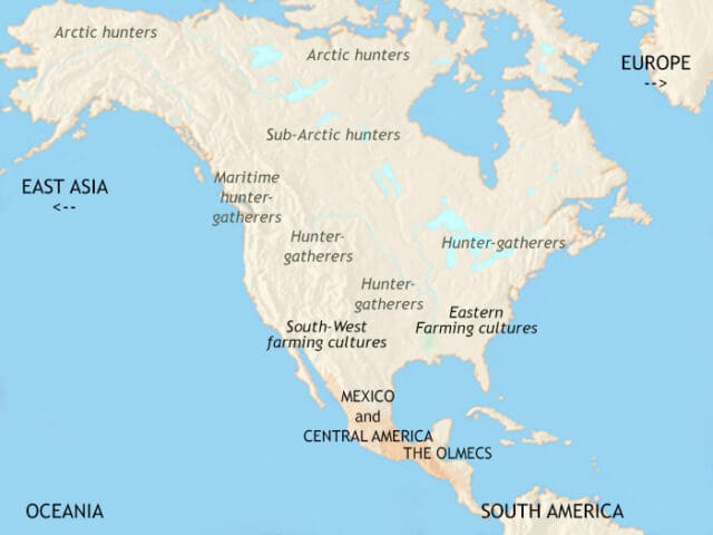 Map of North America in 500 BCE, Olmec civilization now influences much of Central America pioneering features of Mesoamerican civilization e.g. stepped pyramids.