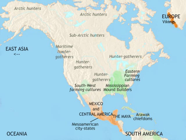 Map of North America in 1215 CE, the Toltec empire has gone and the Mexica people have appeared. In North America, powerful chiefdoms evolve. The Inuit spread over the Arctic region.