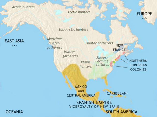 Map of North America in 1648 CE, the eastern seaboard is being colonized by Europeans. Mexico and Central America are part of the Spanish empire. The slave trade begins.