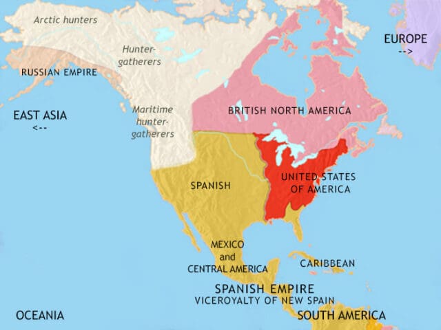 Map of North America in 1789 CE, The USA is an independent nation. Britain retains the north. Much of the continent is under Spanish rule. Caribbean sugar plantations fuel the ‘Slave Trade’.