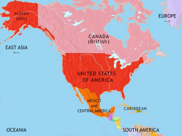 Map of North America in 1871 CE, despite a civil war. the USA has acquired vast territories, now reaching the Pacific and has purchased Alaska. Canada has seen great geographical expansion.
