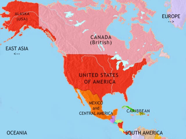 Map of North America in 1914 CE, Canada and the USA have experienced huge industrial expansion. Mexico does not share in this growing prosperity.