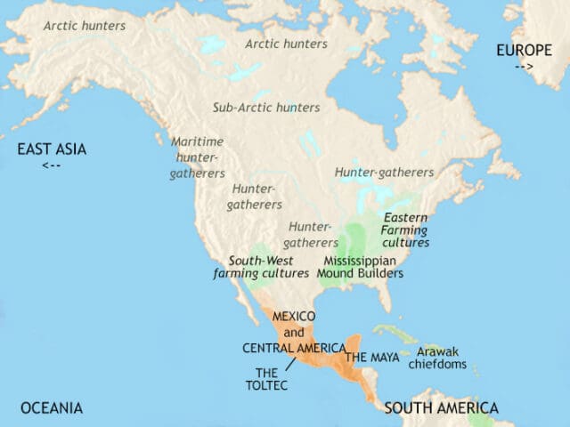 Map of North America in 979 CE, Mayan civilization is declining, Mississippian culture is rising with large towns and trade networks. In central Mexico, the Toltec dominate a large area.