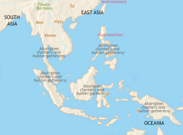 Map of South East Asia in 1000 BCE, Populations movements continue - Austronesians towards Vietnam, Borneo and New Guinea; Tibeto-Burmans into northern Burma.