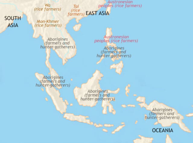Map of South East Asia in 1500 BCE, Austronesians are settling the Philippines and moving east. Austroasiatic-peoples (Mon and Khmer) bring rice farming to Burma and Laos.