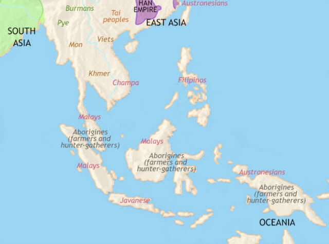 Map of South East Asia in 200 BCE, the coasts of Burma and the Malayan peninsula are being visited by traders from the Indian sub-continent.