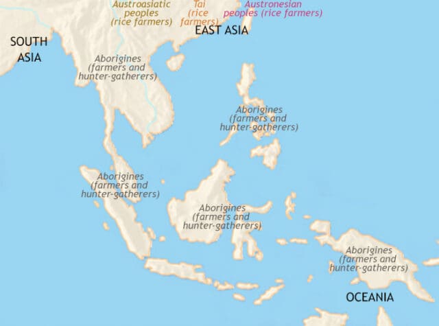 Map of South East Asia in 2500 BCE, migration from southern China begins to the islands of South East Asia, and from south-west China to present-day Burma and Laos.