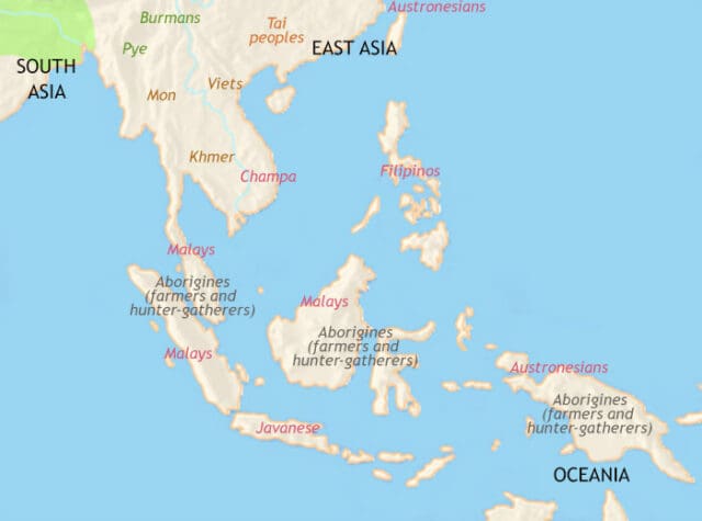 Map of South East Asia in 500 BCE, Austronesians move westwards (becoming the Champa, the Malays, and Javanese). The Burmans/Pye push the Mon and Khmer south and east.
