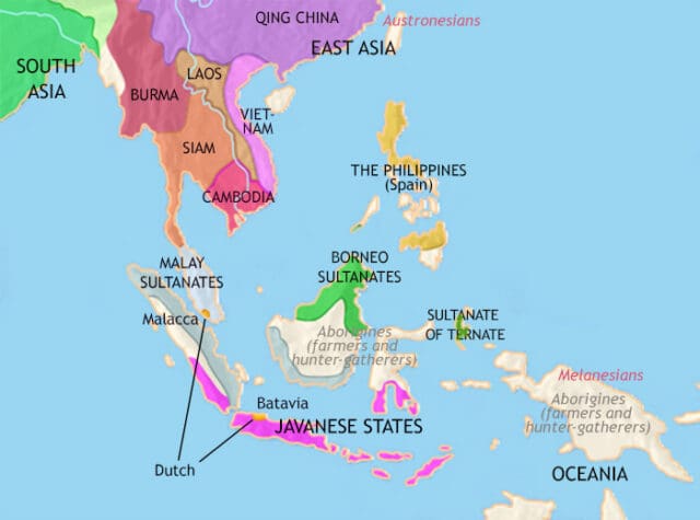 Map of South East Asia in 1648 CE, A new European political and commercial presence has appeared. The numerous Muslim sultanates have become home to a Malay culture.