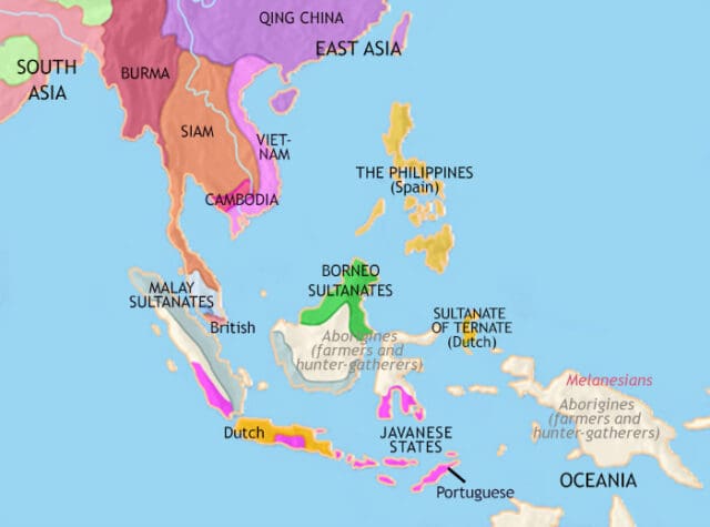 Map of South East Asia in 1837 CE, fighting between Thailand and Vietnam ends with Thailand in control. The British acquire Singapore and later Malacca from the Dutch.