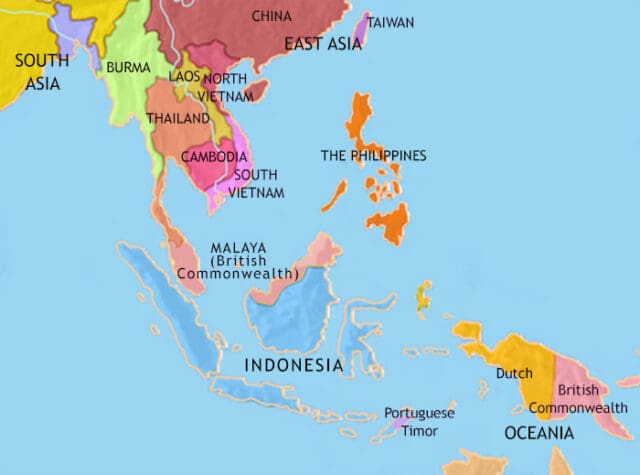 Map of South East Asia in 1960 CE, After huge upheaval, most states are independent. Vietnam is divided with a communist North and anti-communist South. Singapore is a British crown colony.