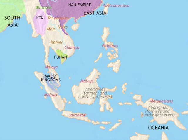 Map of South East Asia in 200 CE, The Pye kingdom flourishes. Indian traders have established small coastal states, e.g. Funan. The Tai people begin to move into SE Asia.