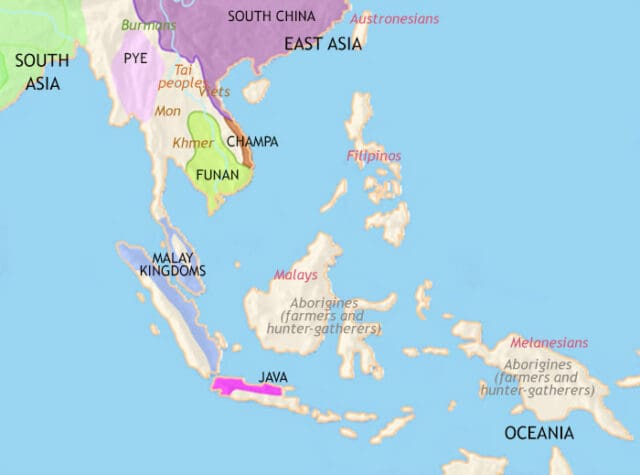 Map of South East Asia in 500 CE, Indian influence at its height. In Vietnam is a Chinese led kingdom. The Mon expand into Burma, Tai tribes into Laos and Thailand. Malay kingdoms form.