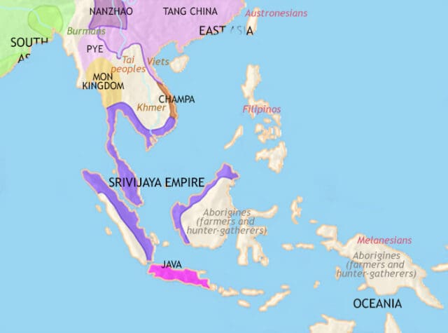 Map of South East Asia in 750 CE, Chinese influence grows as trade with the Sri Vijaya Empire thrives. Funan has disappeared. Powerful Mon kingdoms formed.