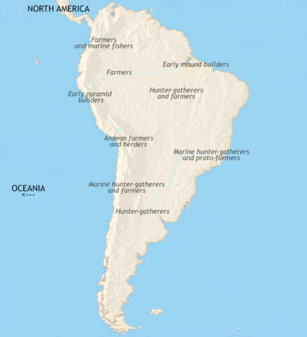 Map of South America in 1500 BCE, Civilization is developing on the Pacific coast. Trade routes link these communities with the peoples of the high Andes.