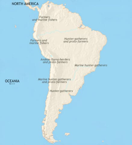 Map of South America in 2500 BCE, Large villages are developing along the Pacific coast, with temple-mounds and irrigation. Agriculture is starting in Amazonia and herding in the Andes.